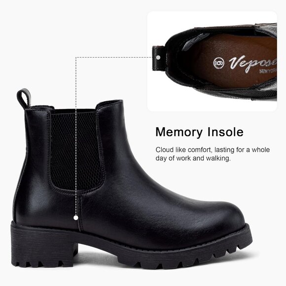 Vepose Women's Black Faux Leather Chunky Heel Chelsea Ankle Pull-On Booties - Picture 5 of 9